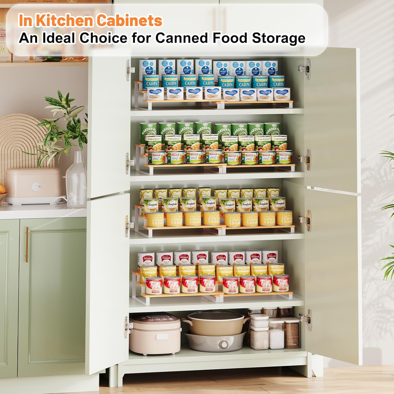 Expandable Can Organizer for Pantry, 3-Tier Adjustable Bamboo & Iron Can Rack for Cabinets, Easy-Access Storage for Canned Goods, Holds Up to 30 Soda & Soup Cans, White - Image 5