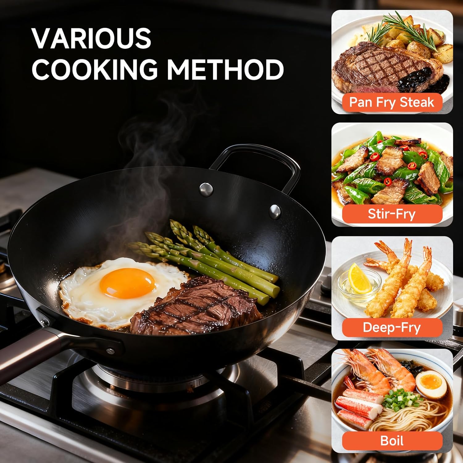 13.5" Carbon Steel Wok Pan - Pre-Seasoned Flat Bottom Woks & Stir-fry Pans Chinese Cookware with Lid & Spatula - For Pan-fry,Stir Fry, Steam, BBQ & Camping - Compatible with Induction, Gas - Image 9