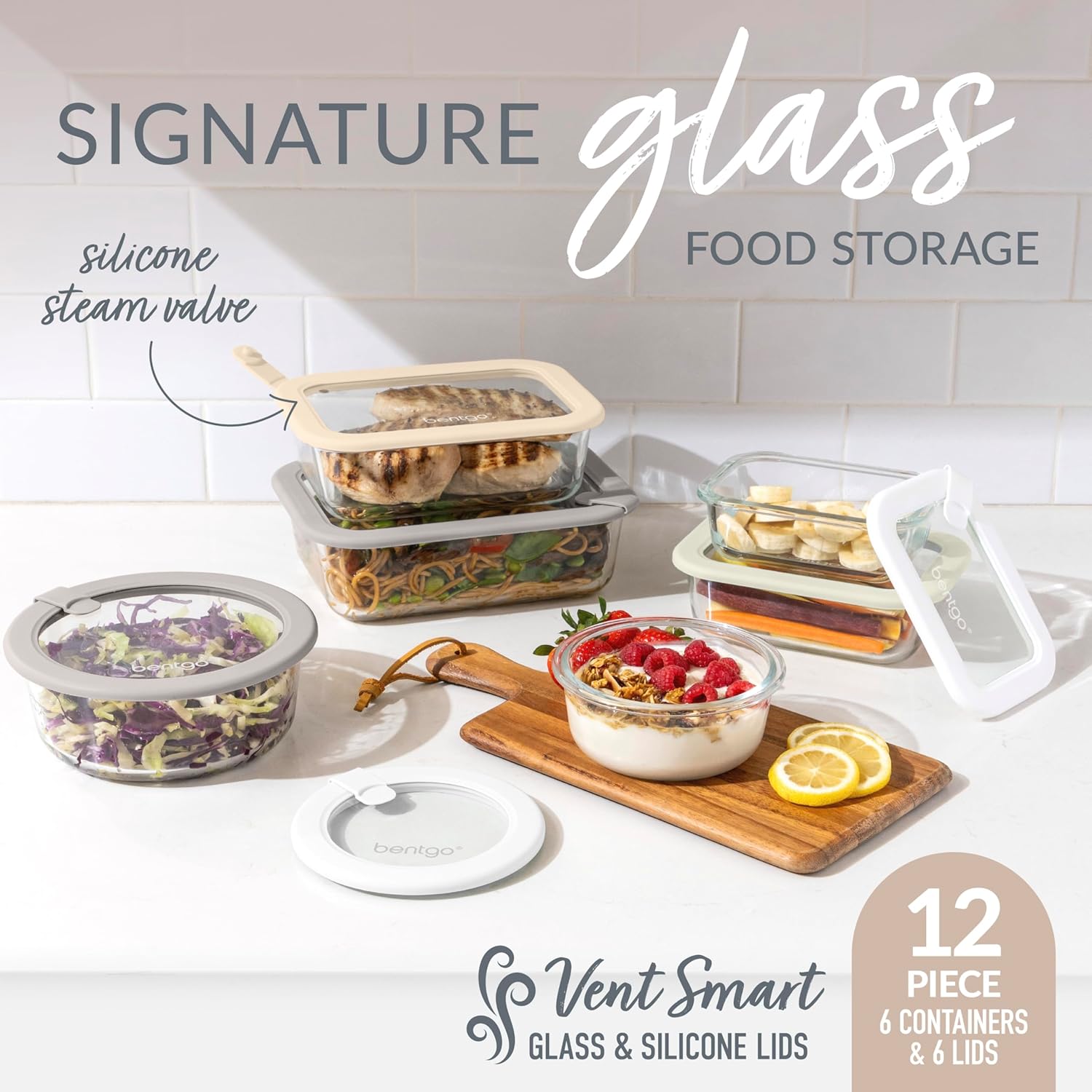 Bentgo Signature Leak-Proof Glass Food Storage - 12-Piece Set, 1-Compartment Plastic-Free Containers with Airtight Glass Lids, BPA-Free, Microwave, Freezer, Oven & Dishwasher Safe (White Stone) - Image 2