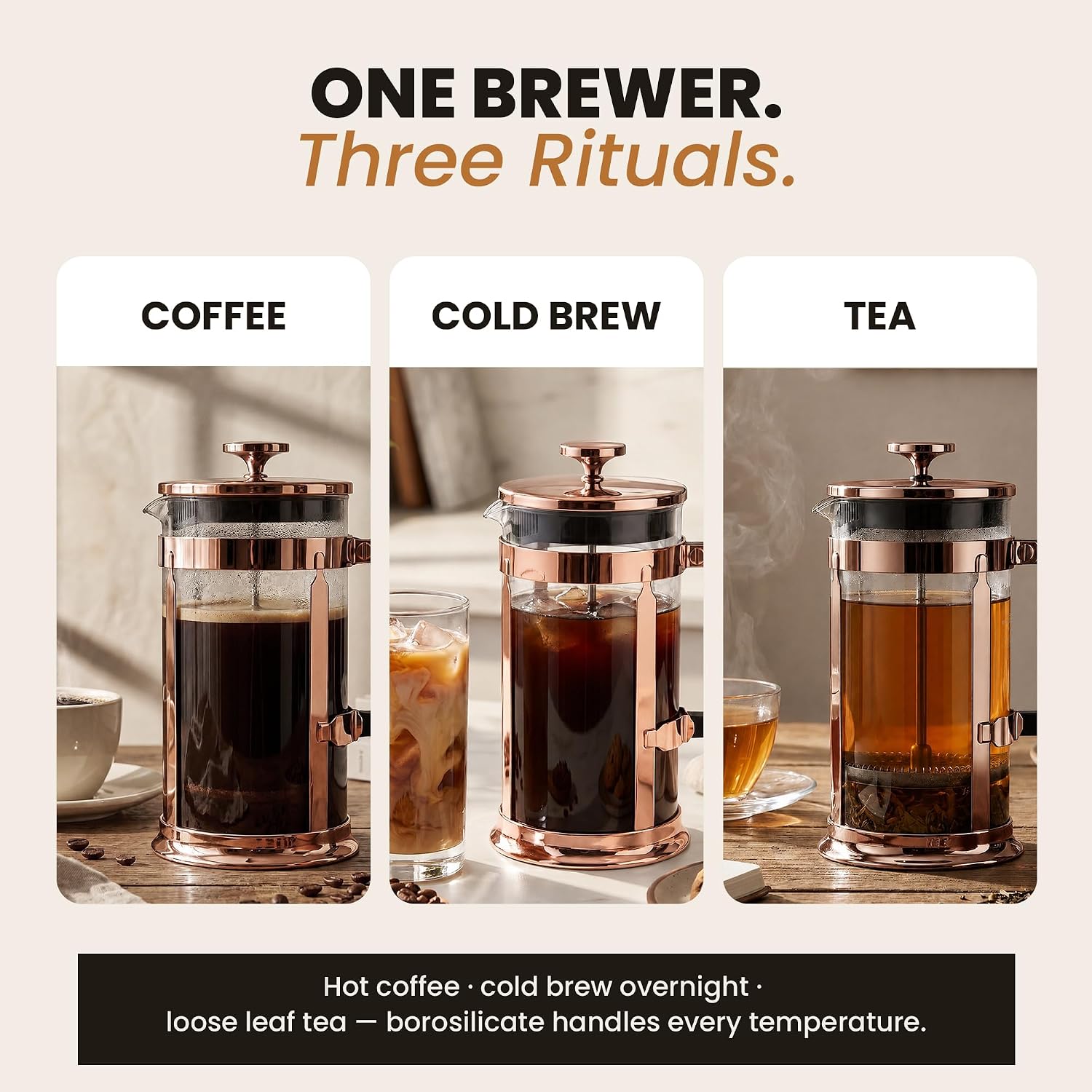 EzDtach Glass French Press Coffee Maker 34oz Copper – Double Filter Borosilicate Glass Pot with 304 Stainless Steel Coffee Press and 2 Extra Screen, Easy to Use and Clean Design for Full-Bodied Flavor - Image 5