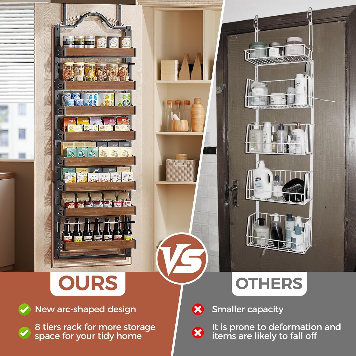 8-Tier Pantry Door Organizer, Over the Door Pantry Organizer with Wooden Adjustable Baskets, 2 IN 1 Spice Rack Wall Mount or Door Organizer, Door Spice Rack for Pantry(72.6×17.1×5.1in,Black) - Image 8