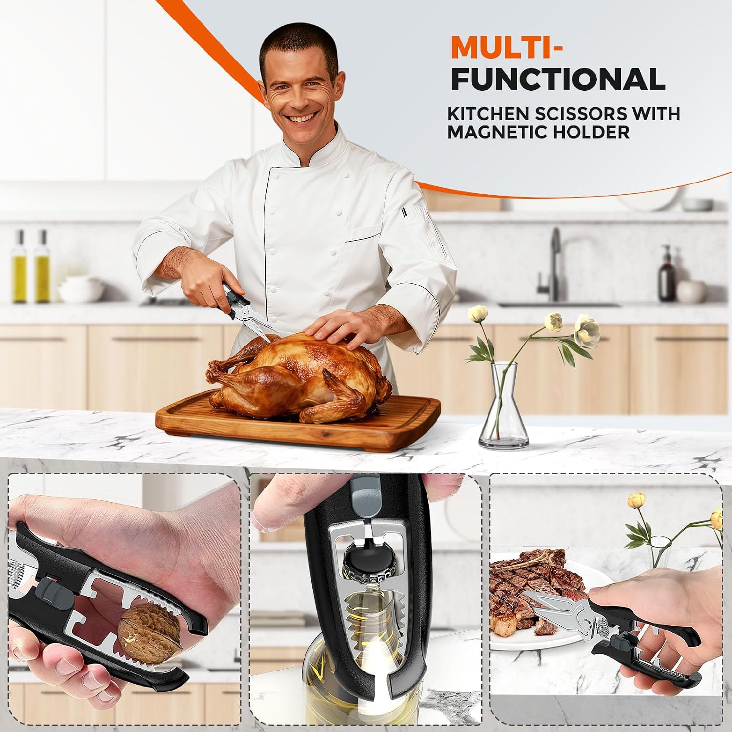 Multifunctional Kitchen Scissors - Kitchen Shears with Magnetic Holder & Safety Lock, Heavy Duty Poultry Shears, Stainless Steel for Chicken Meat Cutting Turkey, Vegetables - Image 5