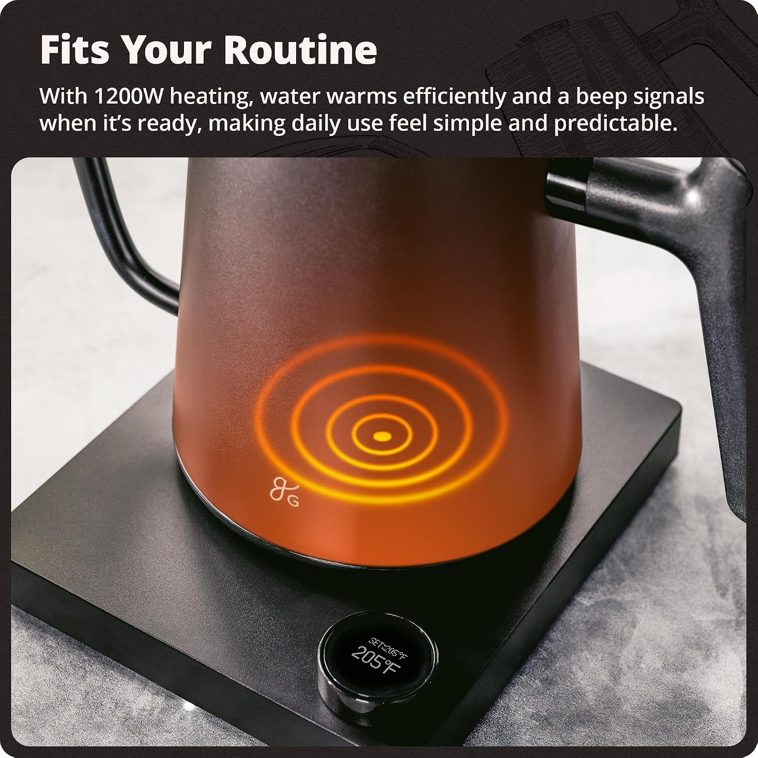 Greater Goods Electric Gooseneck Kettle, 1200W Stainless Steel with Precision Temperature Control, Fast Boil, BPA-Free, Ideal for Pour Over Coffee and Tea, 0.8L (Onyx Black) - Image 5