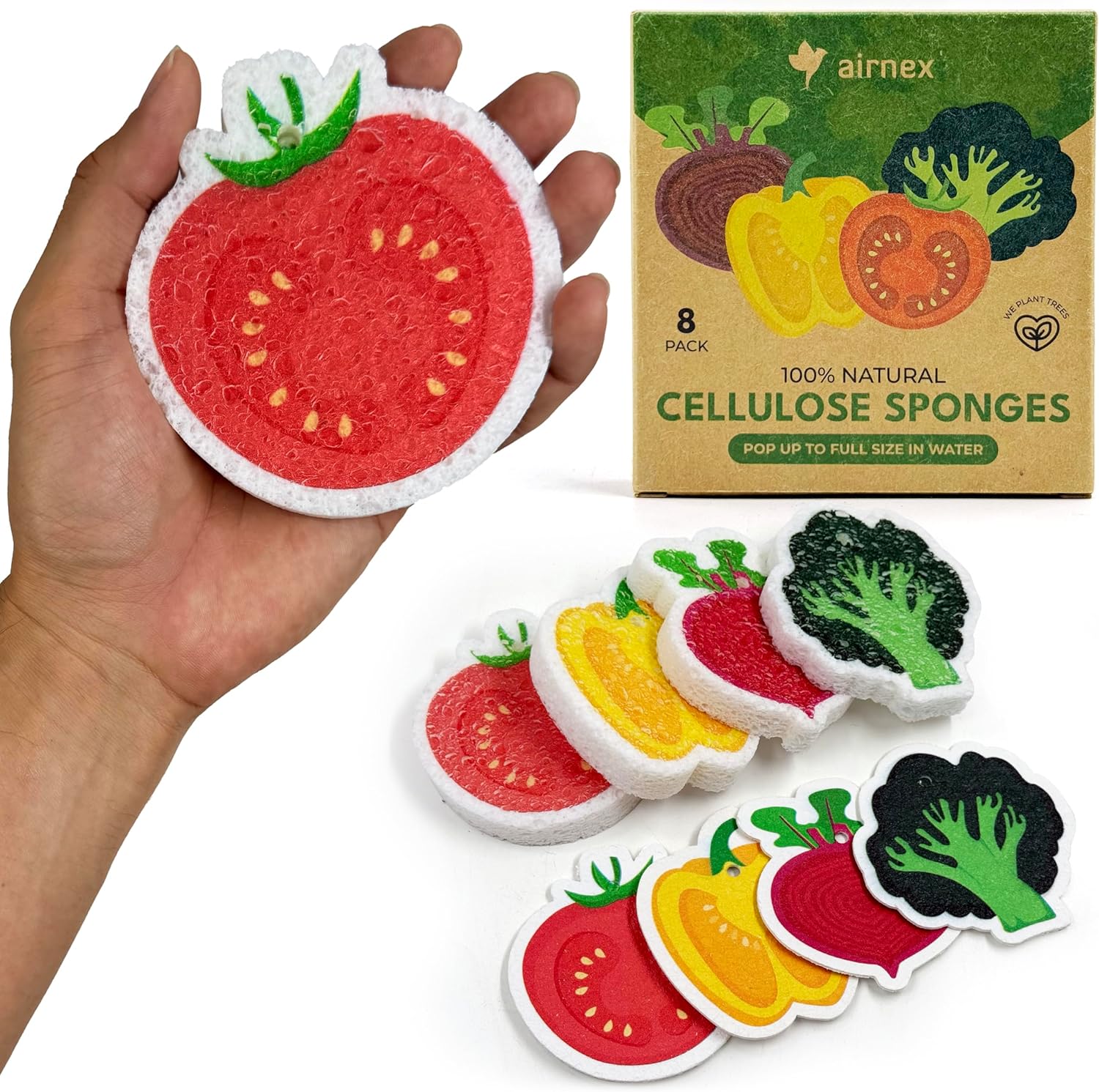 AIRNEX Biodegradable Cellulose Compressed Sponges Bulk - Vegetable Shaped Kitchen Pack of 8 - Eco Friendly, Odor Free, Natural, Pop Up Compostable Scrubbers for Washing Dishes