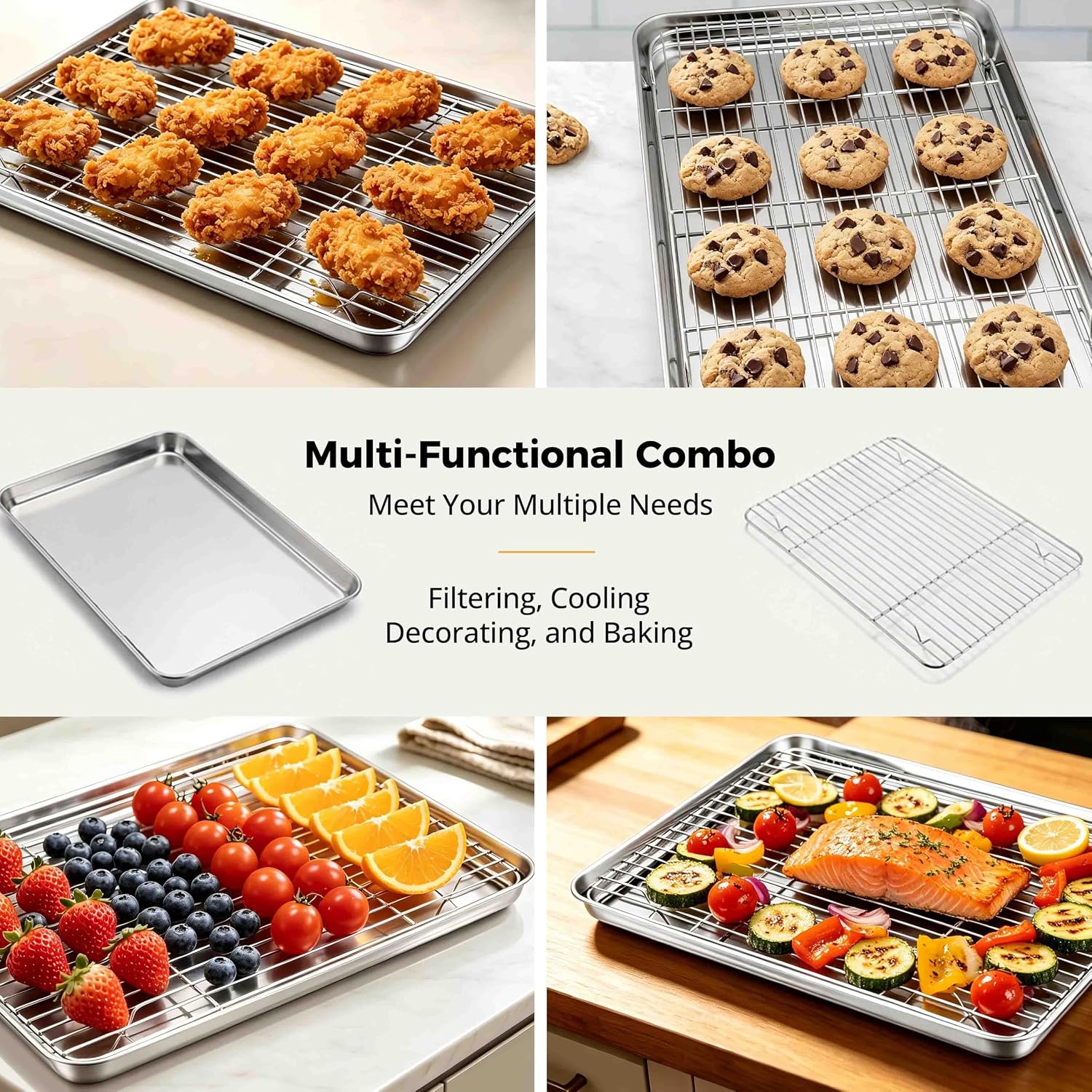 Onader Baking Sheet with Cooling Rack Set of 2, 16x12 Inch Stainless Steel Cookie Sheets for Baking, Metal Jelly Roll Pan with Rack for Oven, 2 Pans + 2 Racks, Nonstick & Rust Resistant - Image 6