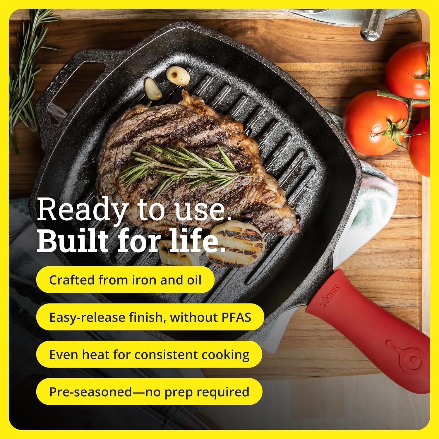 Lodge Square Cast Iron Grill Pan 10.5 Inches - Pre-Seasoned Square Skillet - Ridged Burger Grill Pan - Even Heat Distribution - PFAS-Free Non-Toxic Cookware | camping-cooking-utensils - Image 4