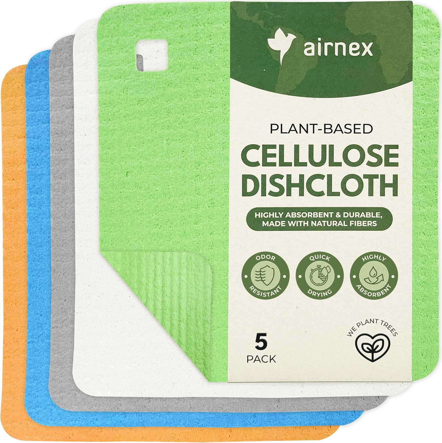 AIRNEX 5 Pack Cellulose Swedish Dishcloths for Kitchen - Eco-Conscious Reusable Dish Towels & Cloths - Super Absorbent, Odor Resistant and Fast Drying Wash Cloths for Dishes & Surfaces