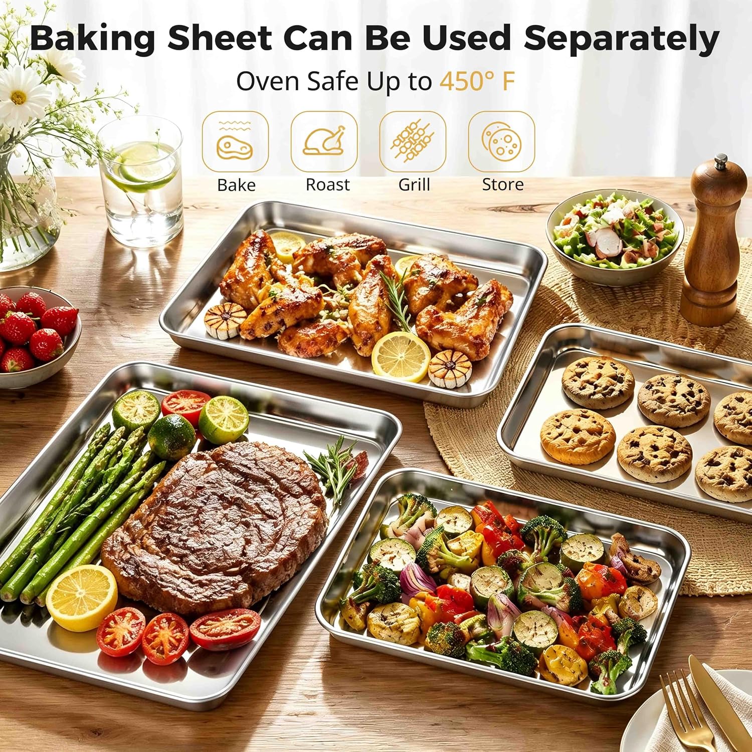 Onader Baking Sheet with Cooling Rack Set of 2, 16x12 Inch Stainless Steel Cookie Sheets for Baking, Metal Jelly Roll Pan with Rack for Oven, 2 Pans + 2 Racks, Nonstick & Rust Resistant - Image 8