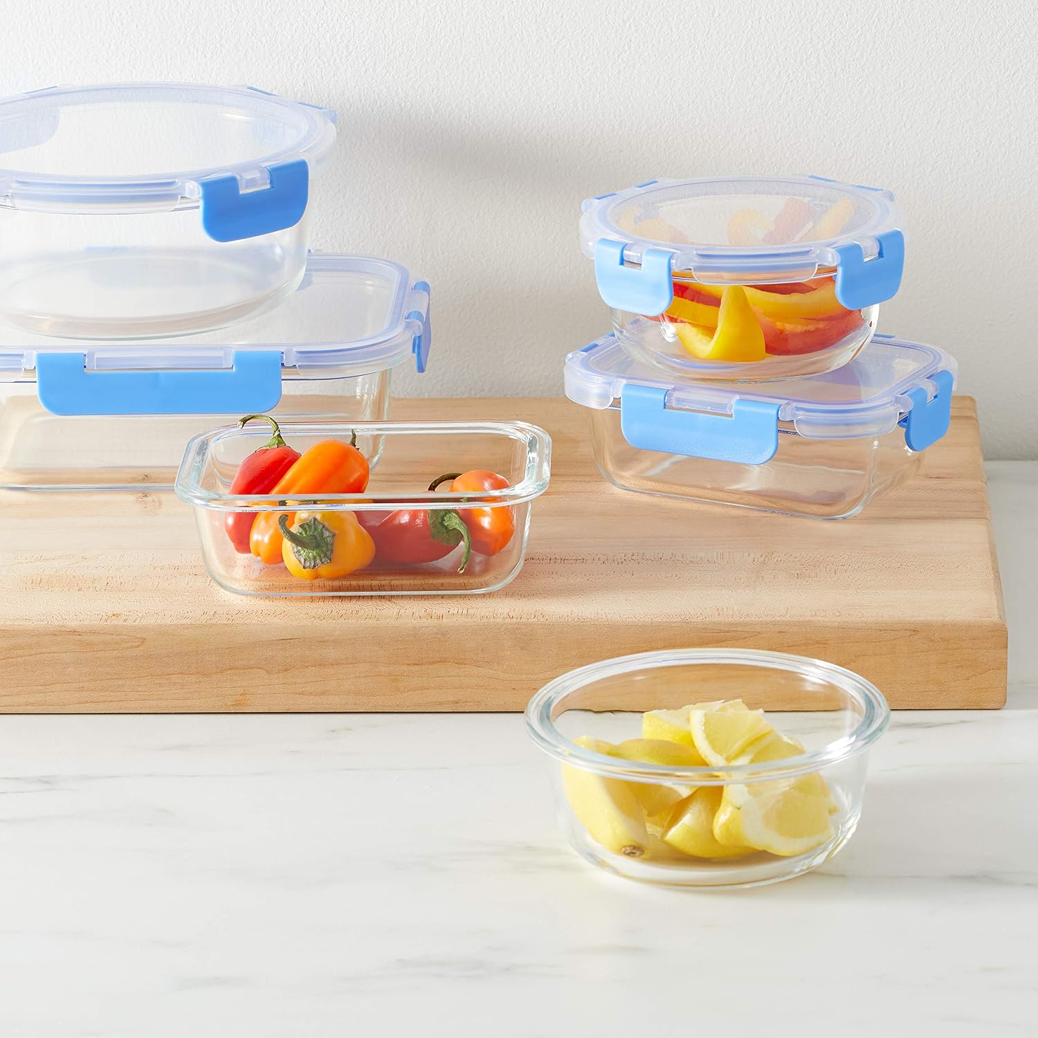 Amazon Basics Glass Food Storage Containers, Leak Proof, Oven Safe, Easy to Clean, Stain Resistant, Set of 7, 14 Pieces Including Lids, BPA-Free, Clear with Blue Silicone Ring - Image 5