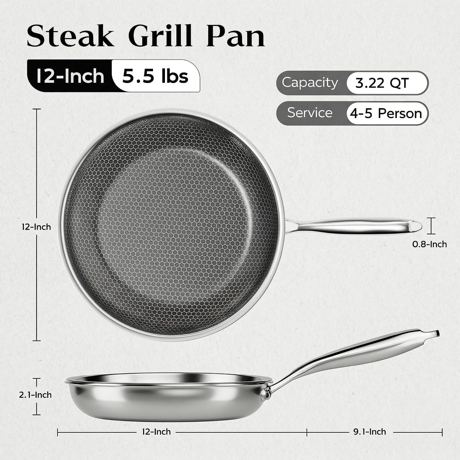 12-Inch Nonstick Frying Pan with Lid, Durable Stainless Steel Skillet, Induction Cooktop Compatible, PFOA-Free Scratch-Proof, Dishwasher & Oven Safe, Stay-Cool Handle, Silver Kitchen Cookware - Image 2