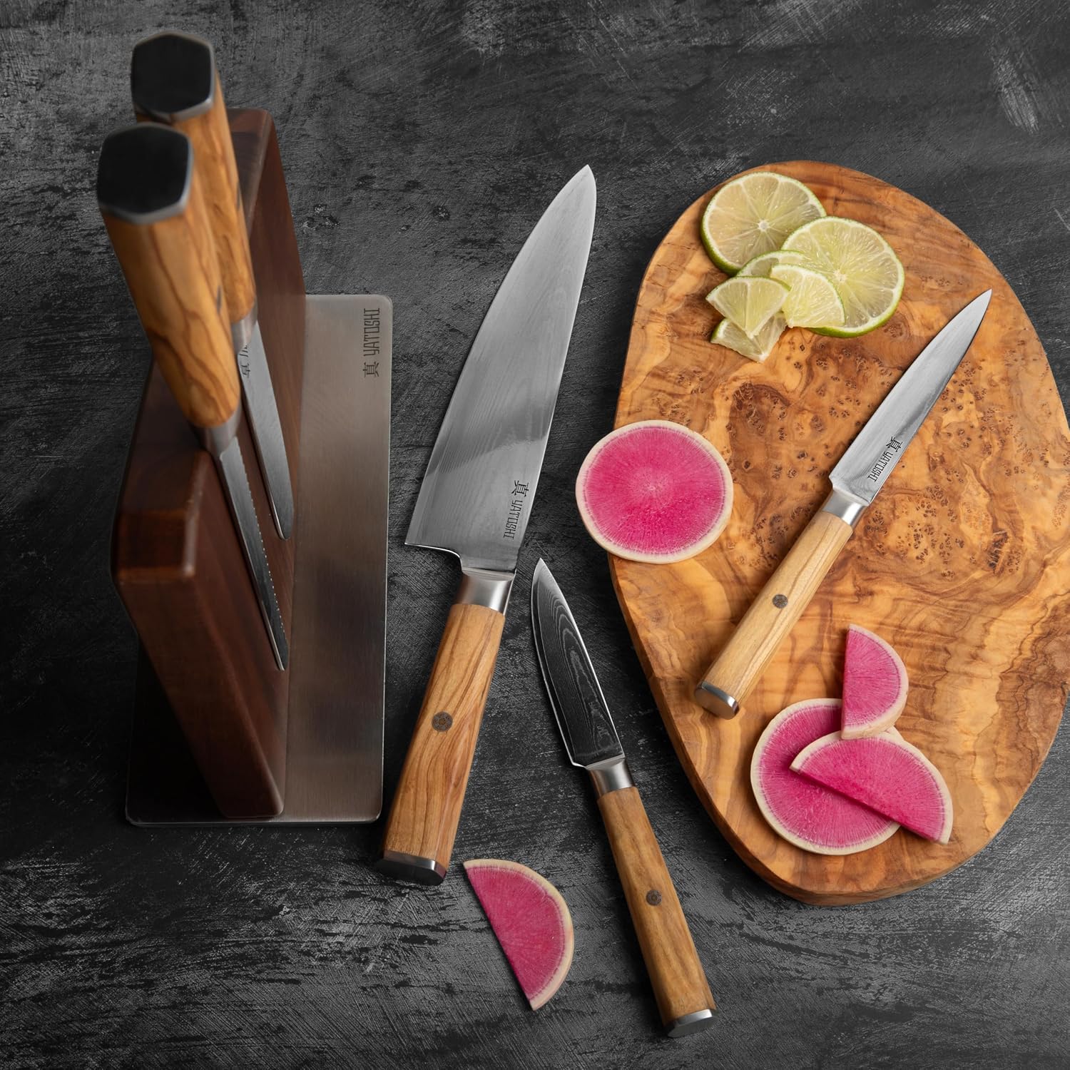 Yatoshi Knives Magnetic Kitchen Knife Block Set - Japanese 67 Layer High-Grade VG-10 Steel Knives, Sharp, Professional Kitchen Knife Set - Damascus (6 pieces), Olive Wood Handles - Image 4