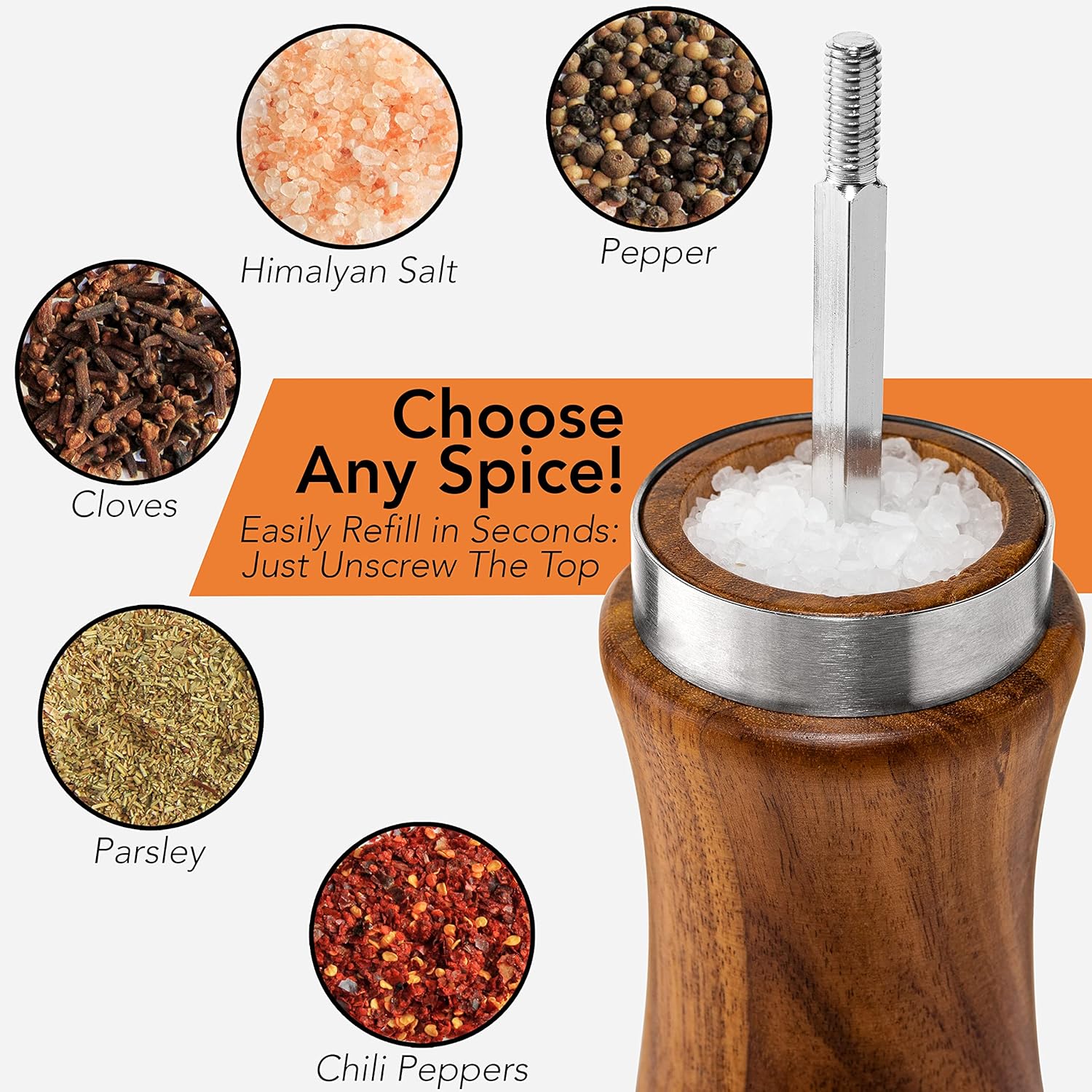 Gennua Kitchen Wooden Salt and Pepper Grinder Set: Refillable Salt & Pepper Mills Adjust for Customized Coarseness, Crafted of Solid Acacia Wood with Ceramic/Stainless Steel Core, 8 Inches Each - Image 4