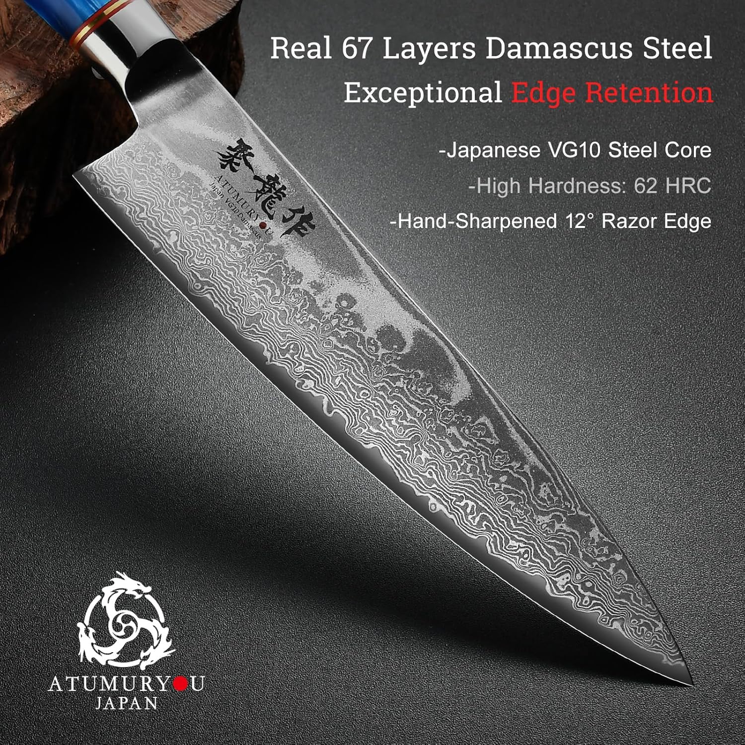 Japanese Chef Knife Set 3 Pcs, 67-Layer Damascus Kitchen Knife Set with VG10 Steel Core, Professional Sharp Damascus Knives with Ocean-Blue Ergonomic Handle, Include Elegant Cooking Gifts Box - Image 3