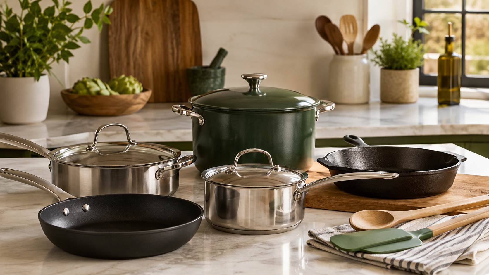 Cozy kitchen with cookware, utensils, stove, shelves, and everyday kitchen essentials