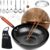 14 Piece Carbon Steel Wok Pan, Woks & Stir-Fry Pans Set with Wooden Lid Cookwares, No Chemical Coated Flat Bottom Chinese Pan for Induction, Electric, Gas, Halogen All Stoves – 12.6”